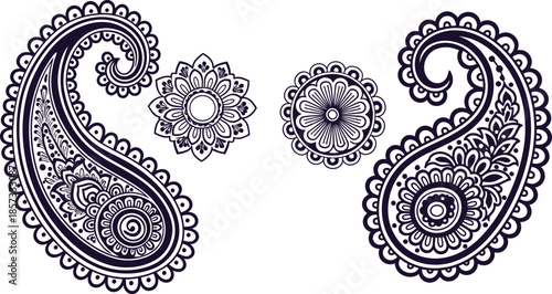 Intricate mehndi style paisley decorative elements with circular mandala designs, ideal for cultural textile patterns