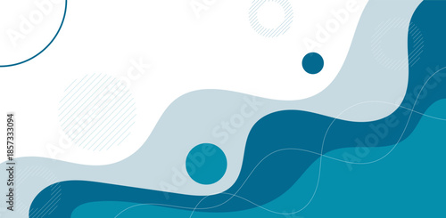 Abstract background with blue wave shapes and floating circles creating dynamic, clean, and modern visual style.