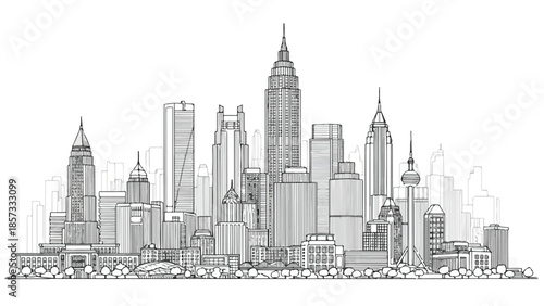 Artistic panoramic sketch of a city skyline with prominent office towers