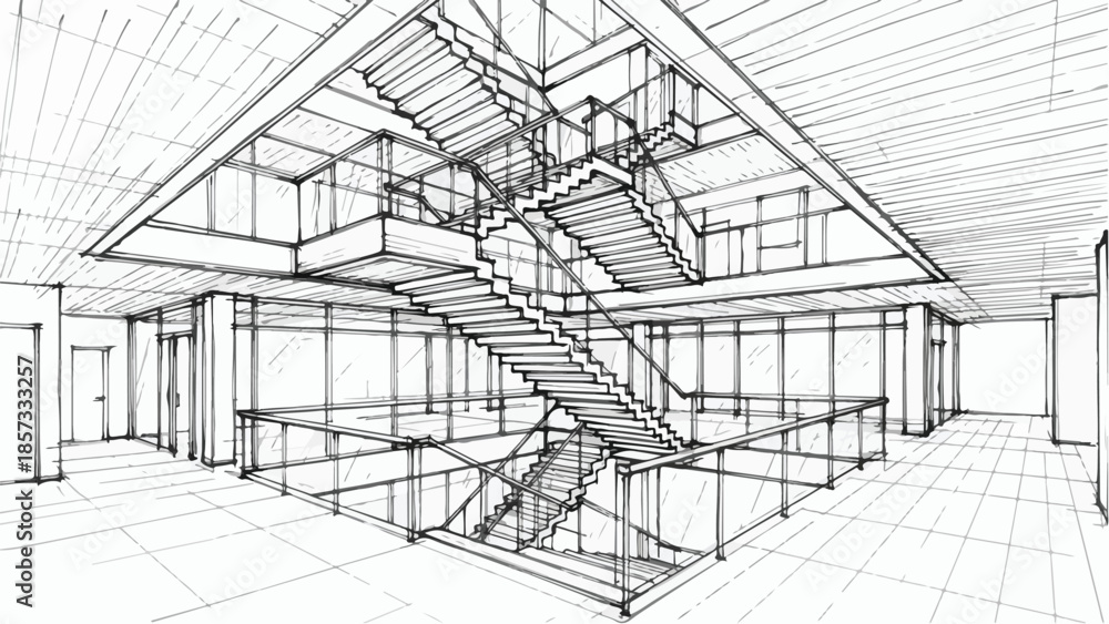 Fototapeta premium Internal architectural sketch of a modern atrium with central stairs and glass walls