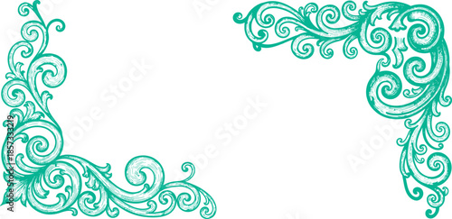 Ornate swirl flourishes frame element with antique etched texture, perfect for elegant border decoration