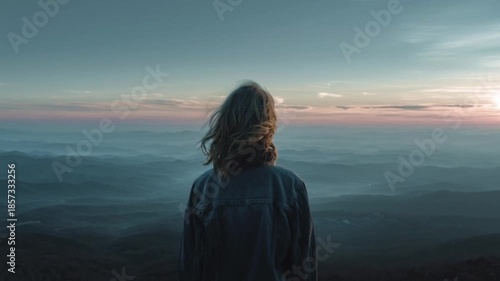 Girl in Blue Jacket Standing on Mountain Cliff at Sunrise