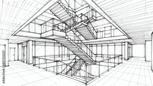 Internal architectural sketch of a modern atrium with central stairs and glass walls
