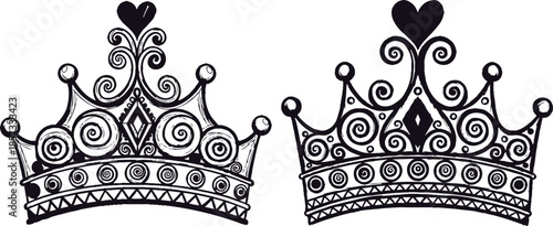 Two majestic hand drawn crowns featuring ornate scrolls and a prominent heart detail on top