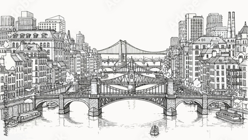 Wide city river view with a suspension bridge and classic riverside architecture