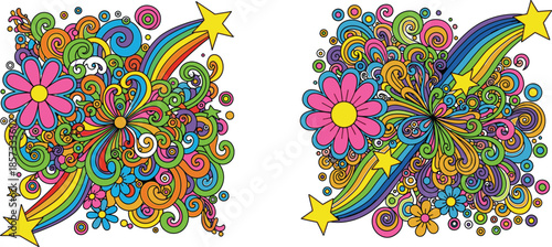 Vibrant psychedelic swirls with blooming flowers, a rainbow arc, and two shooting stars creating a groovy pattern