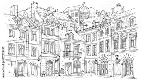 Corner perspective of a historic city street with intricate building facades