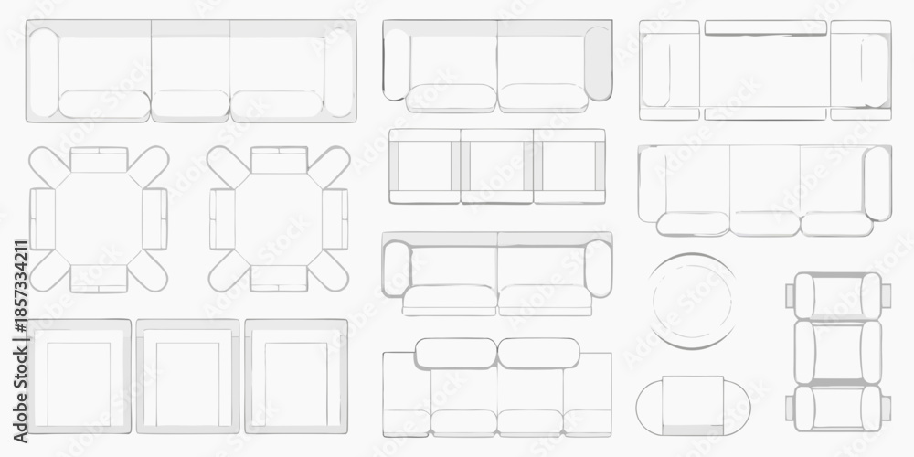 Obraz premium Overhead view of furniture arrangements sofas chairs tables and sectionals