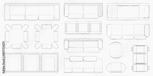 Overhead view of furniture arrangements sofas chairs tables and sectionals