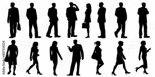 Silhouettes of diverse people walking and standing in various poses