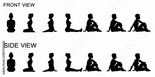 Illustrations of yoga poses showcased from both front and side perspectives