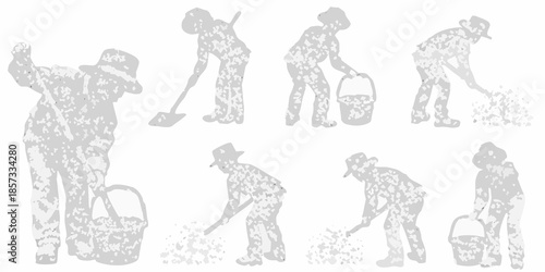Silhouettes of farm workers engaged in various agricultural tasks outdoors