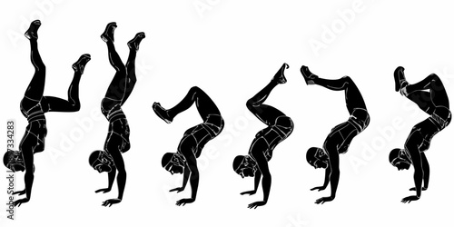 A sequence depicting a person transitioning through various handstand and backbend poses