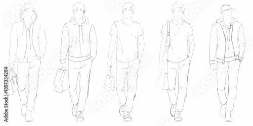 Line art illustration of five young men in casual clothing styles