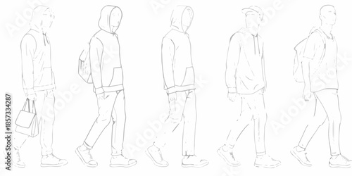 Line art illustration of five figures in casual hooded clothing styles
