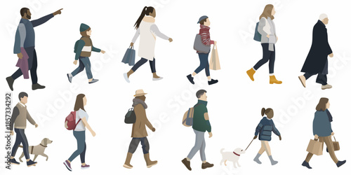 Diverse group of people walking gesturing and going about their daily lives