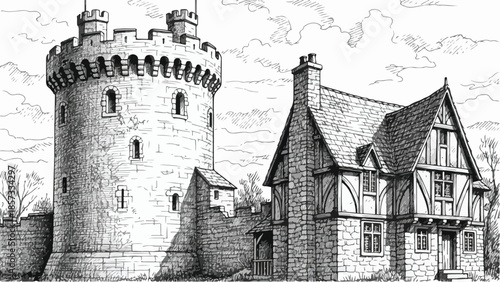 Medieval defense tower and traditional half-timbered house architecture sketch
