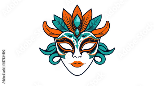 Vibrant Carnival Masquerade Mask with Teal and Orange Feathers and Jewel Accent