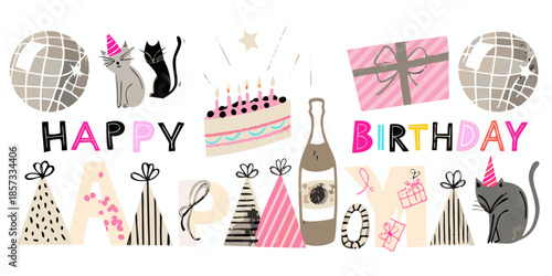 Festive birthday celebration with cake gifts balloons and party decorations