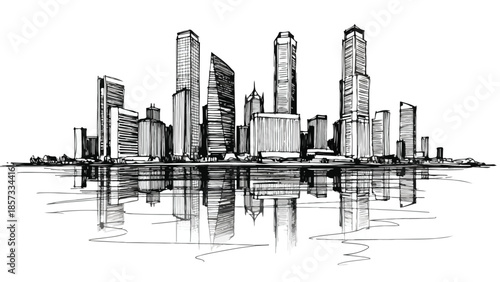 City skyline silhouette with clear water reflection and modern office towers