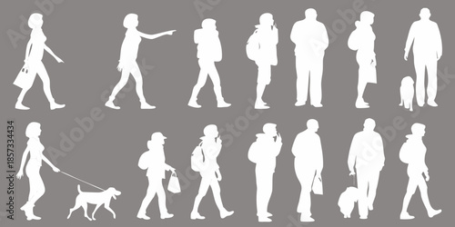 Silhouettes of people walking with some accompanied by dogs in a repeating pattern