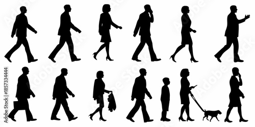 Silhouettes of people walking in various poses and business attire
