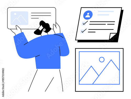 Person interacting with digital content, holding documents and checking profiles. Ideal for content creation, workflow, digitization, task management, profile handling, digital organization, simple