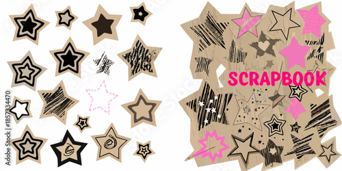 Collection of decorative stars and scrapbook paper with pink accents