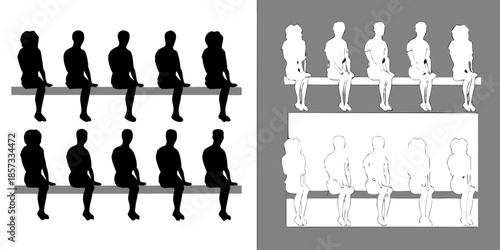 Silhouettes of people seated in rows contrasting dark and light backgrounds