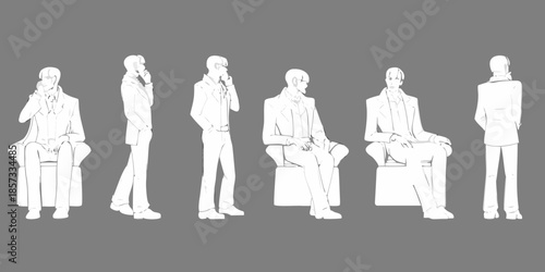 A series of white line drawings depicting men in suits in various poses