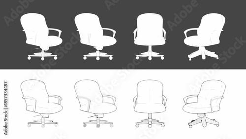 Four office chairs illustrated in different perspectives line art style