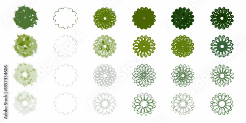 A collection of diverse green tree top views in a grid arrangement