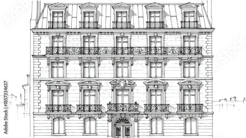 Formal classical building facade with repeated rows of windows and balconies