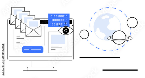 Computer screen with emails, binary code, and an eye icon representing data analysis, paired with planetary elements emphasizing global connectivity. Ideal for technology, internet security