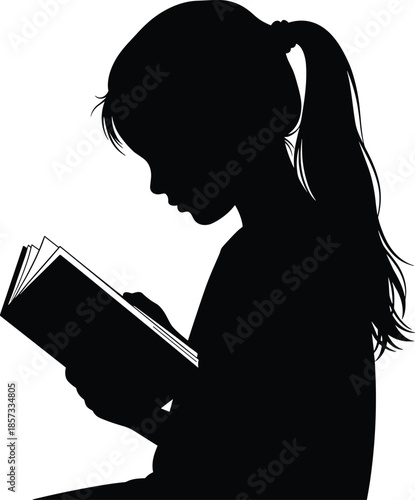 Silhouette of a young girl with ponytail reading a book, childhood education concept, little child learning isolated on white background.