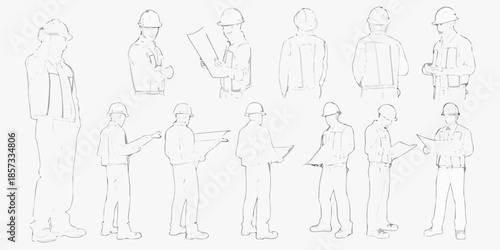 Line art illustration of construction workers in various poses and outfits