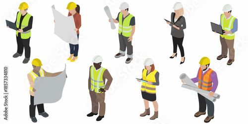 Isometric illustration of construction workers and architects reviewing building plans