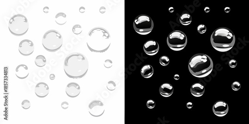 A contrasting display of soap bubbles in white and black backgrounds