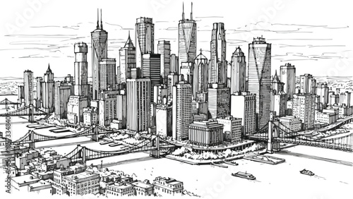 Dense panoramic sketch of a metropolitan riverfront with skyscrapers and boats