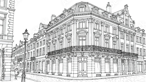Perspective view of a historic corner building with ornate classical architecture