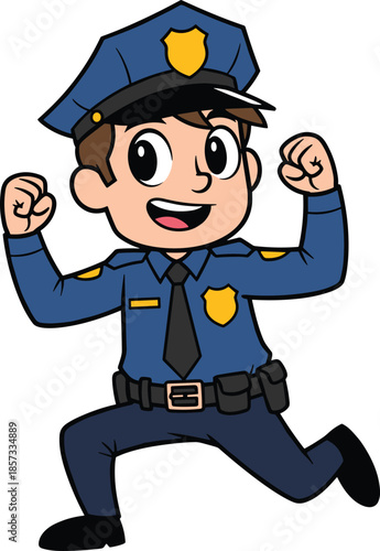 Strong cartoon police boy character showing muscles in blue uniform, brave law enforcement officer mascot isolated on a white background.