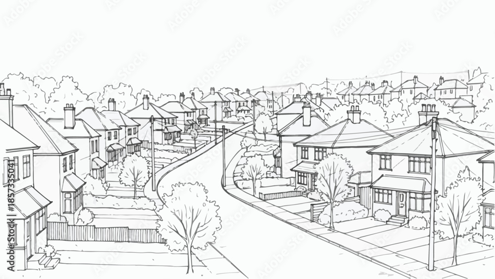 Obraz premium Wide perspective drawing of a suburban residential street with family houses