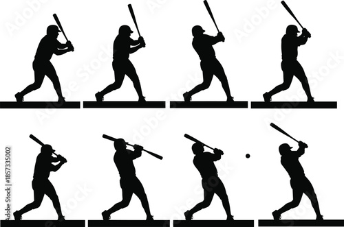 Fotografija Baseball Player Batting Swing Motion Silhouette Set, Including Sequence of Hitting Ball, Athlete Action Poses, Sports Vector Illustration for Design Projects