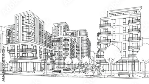 Modern multi-story apartment complex with glass balconies and urban design