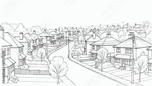 Wide perspective drawing of a suburban residential street with family houses
