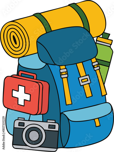 Blue backpack filled with camping and travel essentials including a rolled sleeping bag first-aid kit and water bottle.