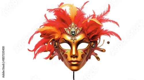 Elegant Golden Venetian Mask Adorned with Red and Yellow Feathers