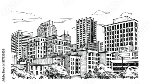Detailed urban street view sketch with commercial buildings and street level activity