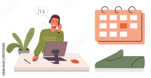 Support representative using headset at desk with plant, notebook, and calendar icon. Ideal for client service, scheduling, availability, communication, assistance, professionalism simple flat