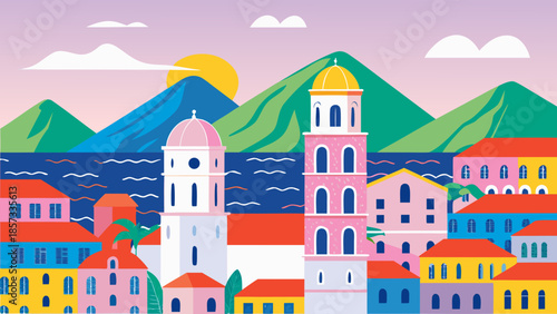 Fantasy medieval fortress castle and fairytale palace towers with old village houses in a cartoon city vector illustration under a night sky